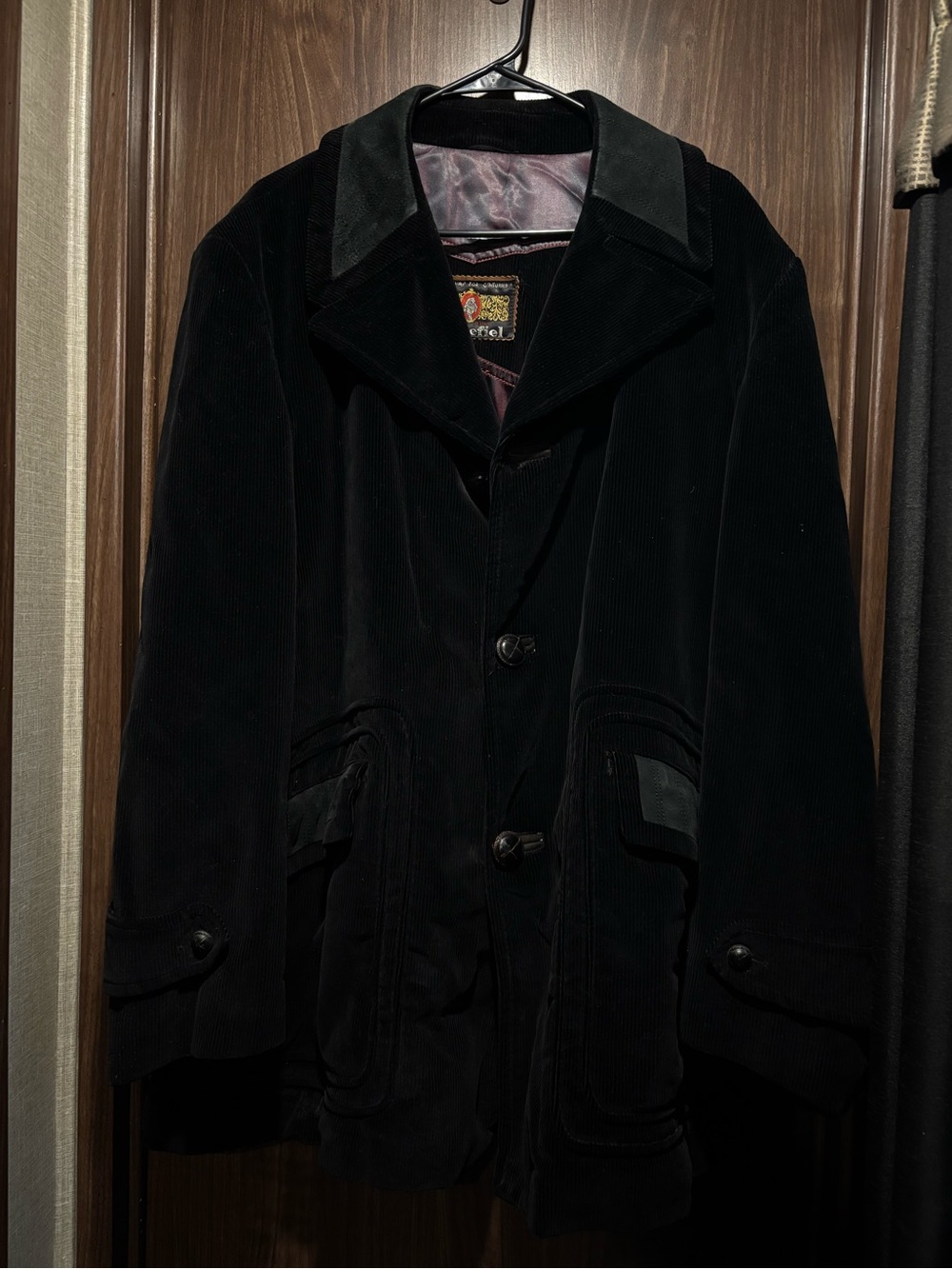 VTG 70s CORTEFIEL Mens 44 Black Corduroy Long Sleeve Coat Jacket